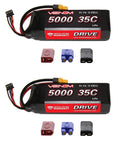 Two Heavy Duty 5000mAh 11.1V LiPo Battery Packs with 35C Continuous Discharge and UNI Plug, compatible with Tamiya, Deans, EC3 adapters.