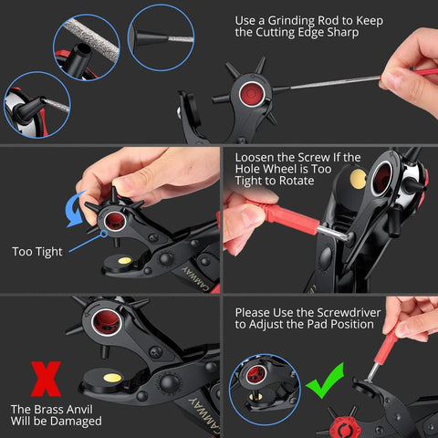 Instructions for using Leather Hole Punch Kit With 6 Size Revolving Punch Plier, showing maintenance and adjustment steps.