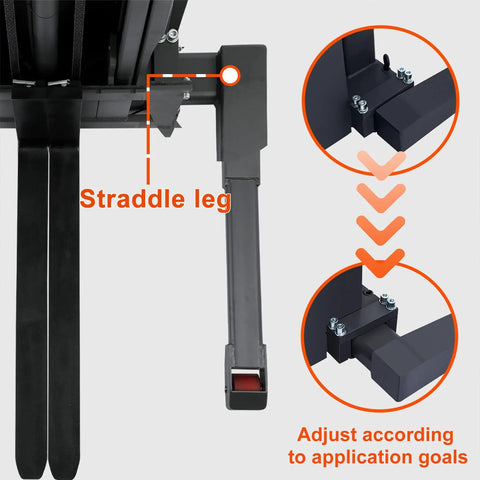 Tory 3300 Lb Capacity Electric Pallet Stacker With 130 Inch Lift Height And Adjustable Forks straddle leg adjustment detail.