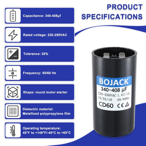 Specifications of Ultimate DIY Replacement Universal Round Start Capacitor 340 To 408 UF MFD 220 To 250V 50 To 60Hz
