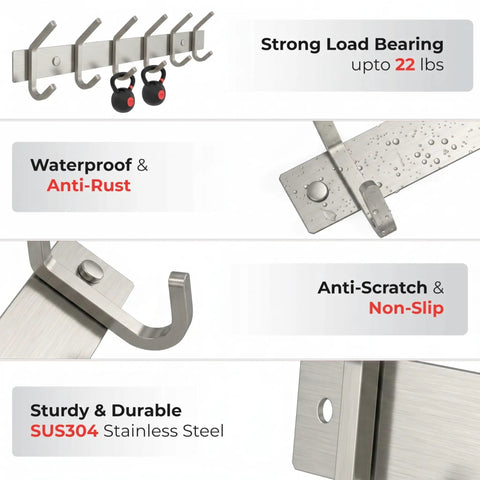 Wall Mounted Coat Rack With 17 Inch Stainless Steel Rail And Six Heavy Duty Double Coat Hooks In Brushed Nickel Finish