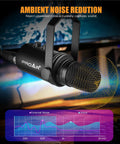 Dynamic XLR USB Microphone for Podcasting and Streaming All Metal Studio Mic Kit with noise canceling in use.