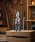 2 Pack Foldable Wire Stripper With Built In Voltage Tester, 13 In 1 Multi Function Electrician Pliers displayed on wooden crate.