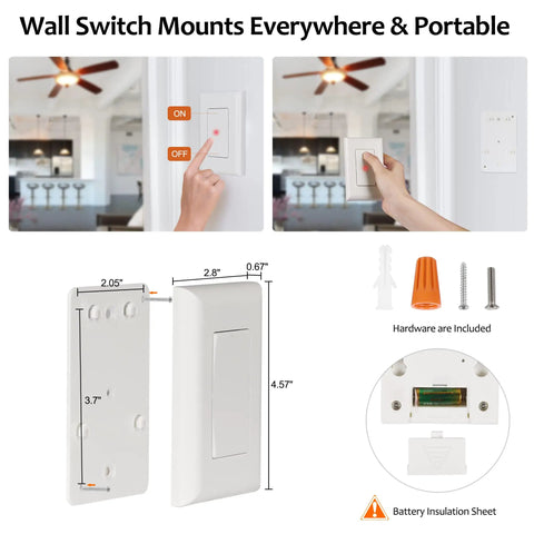 Wireless 3 Way Light Switch Kit No Wiring 15A High Power With Remote Receiver, 100ft RF Range, wall switch installation guide