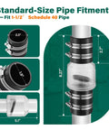 Installed view: 1-1/2 in silent check valve with Buna-N couplings and steel clamps on a pipe.