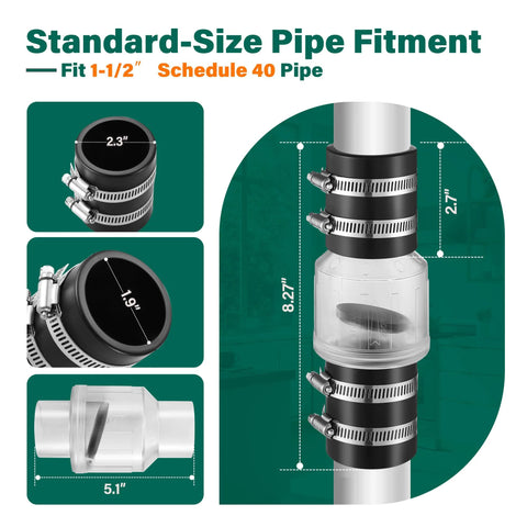 Installed view: 1-1/2 in silent check valve with Buna-N couplings and steel clamps on a pipe.