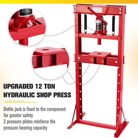Beefy 12 Ton H Frame Shop Hydraulic Press With Adjustable Worktable And Steel Plates For Bearing Removal, Metal Bending