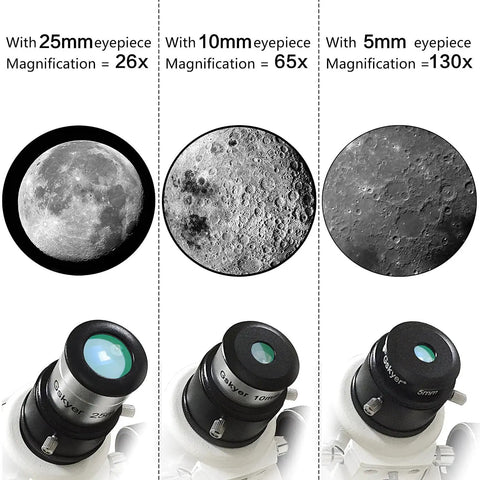 Moon view through 130mm Reflector Telescope With Equatorial Mount For Beginners Featuring 5 Inch Aperture And High Transmission Optics German Tech Quality Ideal For Moon And Planets Sky Gazing Gear at 26x, 65x, 130x magnifications.