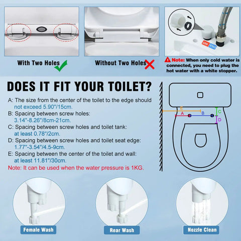 Must Have 2 In 1 Bidet Attachment For Toilet With Handheld Sprayer, Temperature Display, installation guide with fit dimensions.
