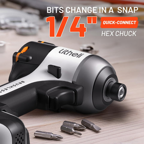 Close-up of 20V Cordless Impact Driver Kit With 2035 Inch Pounds Max Torque And 1/4 Inch Hex Drive, showing quick-connect hex chuck.