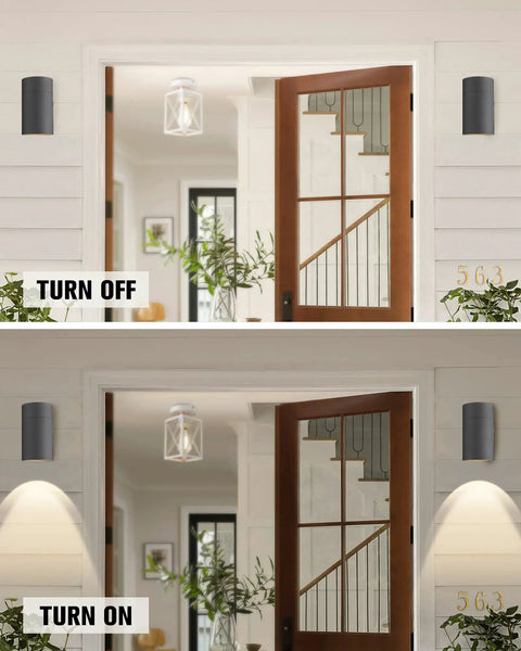 Rugged Outdoor Wall Light Sconce Exterior Fixture Waterproof Matte Black Finish Built Tough Die Cast Aluminum For Porch Garage Patio Entryway Weather Resistant 1 Pack, shown off and illuminated on white exterior wall.