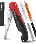 Five In One Folding Hand Saw For Drywall And More with quick change blades, featuring red handle and five blades, includes canvas bag