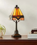 Nouveau Tiffany Style Mini Table Lamp with real stained glass, 84 glass cuts, on desk; multicolor Moroccan amber glow, 6 by 12 inches.