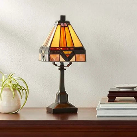 Nouveau Tiffany Style Mini Table Lamp with real stained glass, 84 glass cuts, on desk; multicolor Moroccan amber glow, 6 by 12 inches.