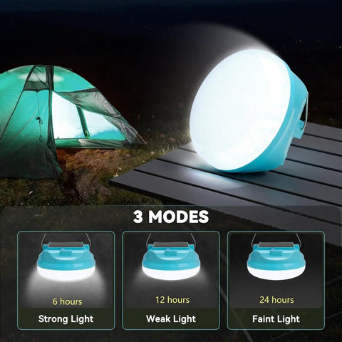 Go To Solar Camping Light For Tent Power Outages, Rechargeable LED Lantern outside tent showing three dimmable modes
