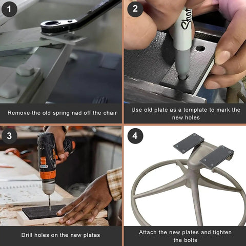 Step-by-step guide for replacing Fiberglass Rocking Chair Springs Top Shelf Patio Chair Replacement Plates with drill and tools.