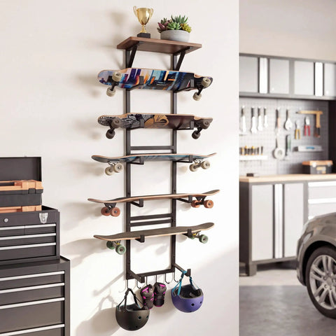 Multi Deck Skateboard Rack Wall Mount Display Hanger With Solid Wood Top Shelf And Rubber Grip Pads, holding boards and helmets.