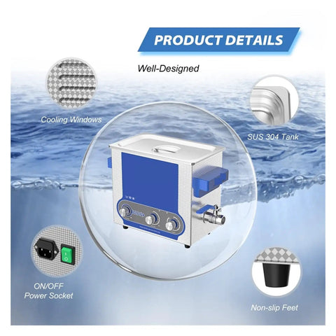 Hualuck 6 Liter Ultrasonic Cleaner With Digital Knob Control And Heating Function 150W Power for PCB Metal Parts Jewelry Watch Cleaning Bath Tank design features.