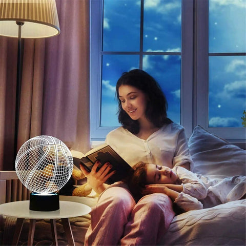Basketball 3D Illusion Night Light Lamp with 16 color options in bedroom setting on white side table