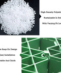 Close-up of green gravel stabilizer grid panel and white HDPE material highlighting its use for lawns and pathways