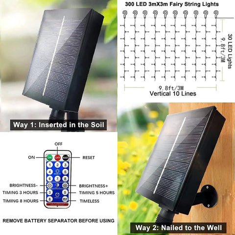 Outdoor Solar Curtain String Lights With 300 Super Bright Warm White LEDs Remote Control 8 Modes Waterproof Fairy Lights solar panel and remote control