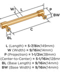 Diagram of Faircrest Champagne Bronze Cabinet Pull with 5-1/16 inch spacing and dimensions for transitional decor.