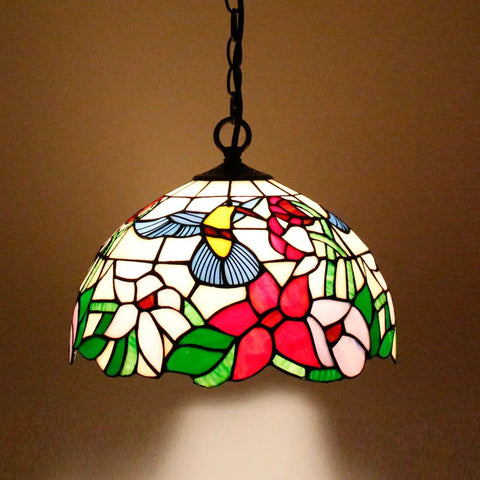 Old School Tiffany Hummingbird Amber Stained Glass Pendant Light Fixture With 12 Inch Wide Shade And 32 Inch Chain Hardwired Hanging Lamp
