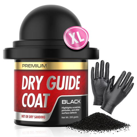 Dry Guide Coat powder jar, 200g, black, with nitrile gloves and powder pile for wet or dry sanding