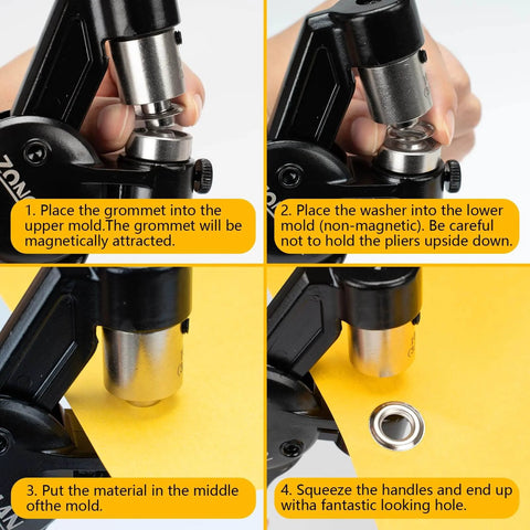 Step-by-step use of Heavy Duty Grommet Tool Kit With Interchangeable Dies 8mm 10mm 12mm Rivet Press Plier 900 Silver Grommets For Tarp