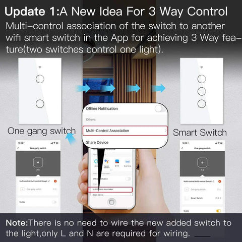 Glass Panel WiFi Smart Wall Switch 3 Way Multi Control 2.4GHz Remote Control Via Smart Life Tuya App Works With Alexa And Google Home Neutral Wire Required interface with mobile app and wall switches.