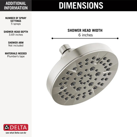 6 Setting Chrome Shower Head With High Pressure Spray 6 Inch Round Design, side view dimensions and spray settings