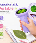 Awesome Kids Handheld Microscope Camera With 2 Inch Screen, Educational Magnifier Toy For Science Fun, Great Christmas Birthday Gift For Ages 3 To 12, Boys And Girls, Purple in hand with leaf
