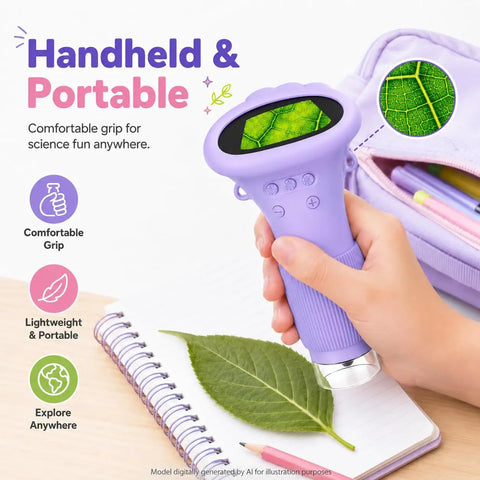 Awesome Kids Handheld Microscope Camera With 2 Inch Screen, Educational Magnifier Toy For Science Fun, Great Christmas Birthday Gift For Ages 3 To 12, Boys And Girls, Purple in hand with leaf