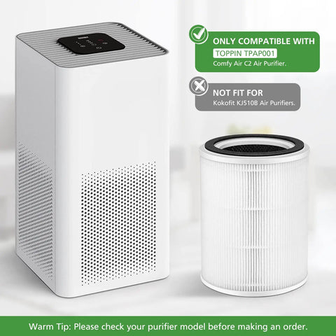 TPAP001 Replacement Filter For Your Comfy Air C2 Purifier shown with air purifier, highlighting compatibility and exclusions.