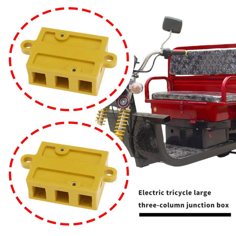 3 Pole High Current Electric Bicycle Motor Cable Connector Block Bakelite Insulated Wire Connection Box For E Bike Controller Phase Wires And Motor Lead Connections Built For Tough Wiring displayed near electric tricycle