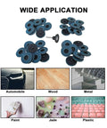 40 Piece Quick Change Flap Discs With 1/4 Shank Holder for Fast Swap Roll Lock Sanding Wheels Zirconia Alumina shown in various applications.