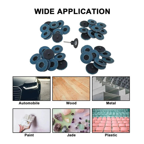 40 Piece Quick Change Flap Discs With 1/4 Shank Holder for Fast Swap Roll Lock Sanding Wheels Zirconia Alumina shown in various applications.