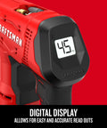 Close-up of V20 Cordless Tire Inflator And Portable Air Compressor with digital gauge displaying 45 PSI pressure reading.