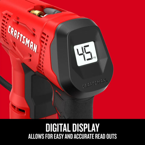 Close-up of V20 Cordless Tire Inflator And Portable Air Compressor with digital gauge displaying 45 PSI pressure reading.