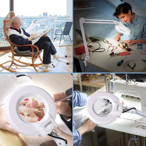 Magnifying Floor Lamp With Rolling Base And Five Wheels Lens 2200 Lumens LED Dimmable Light used for reading and crafts