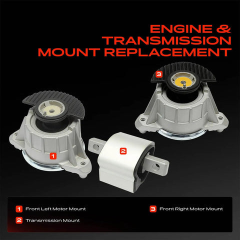 Heavy Duty Engine Motor Mount And Transmission Mount Kit Set Of 3 For Mercedes Benz C250 C300 C350 E350 V6 Rwd showing front left, right, and transmission mounts.