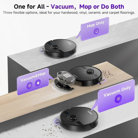Beast Robot Vacuum And Mop Combo with 6000Pa Suction and 3.5L Self Emptying Dock, shown in vacuum, mop, and combined modes on different surfaces.