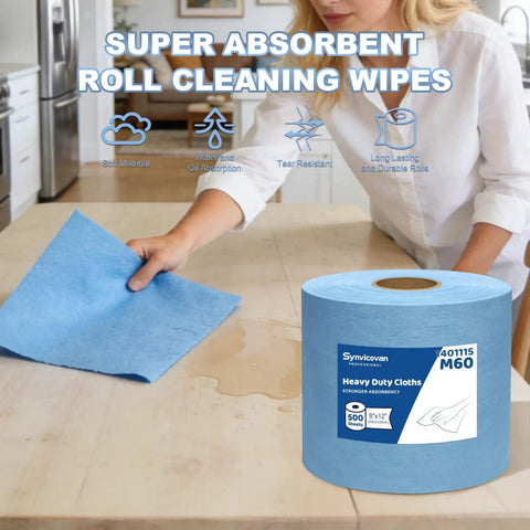 Hella Absorbent Heavy Duty Cleaning Cloths Jumbo Roll In Royal Blue used for cleaning spills on a countertop with durable 8x12 sheets.