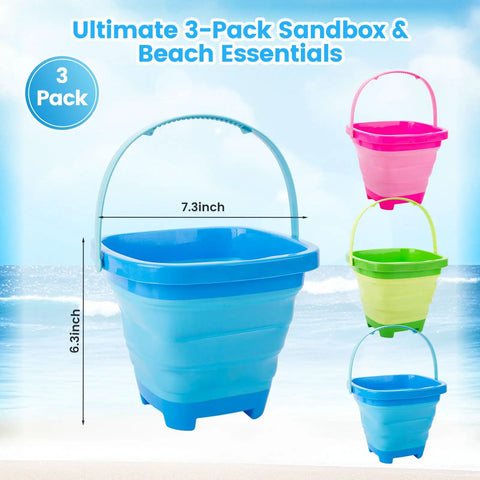 Three Pack Collapsible Buckets For Kids Foldable Sand Pails For Beach Sandbox Camping And Epic Summer Fun Colorful Blue Green Pink