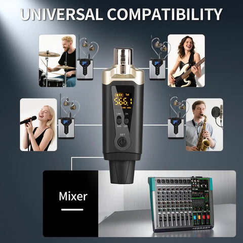 Zero Latency Wireless In Ear Monitor System with transmitter, receivers, musicians, drummer, guitarist, singer, saxophonist, and mixer