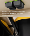 Garage Ceiling Tote Storage Rack With Adjustable Slide Rails For Four Bins installed in black with two totes mounted