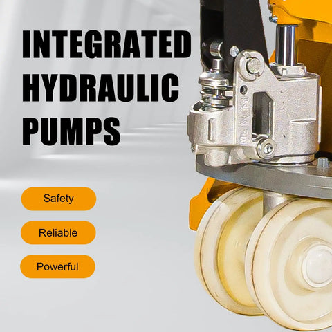 Close-up of integrated hydraulic pumps on Heavy Duty Manual Pallet Jack Truck 6600 Lbs Capacity for efficient cargo hauling.
