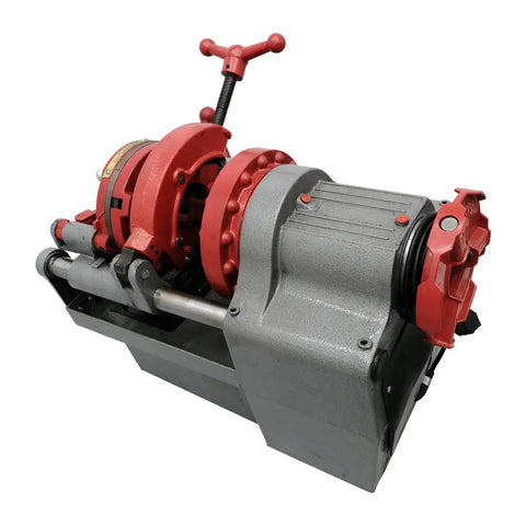 Electric Pipe Threader Workhorse One Half To Two Inch NPT With Twenty Eight RPM Threading Cutter Three In One Tool For Threading Cutting And Reaming Includes Clamping Device And Oiling System Built For Construction And Installation Jobs, red and gray