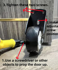 4-Pack 2-Inch Gate Wheels With Vertical Mount Anti-Sag Support for Dropping Wooden Doors, installed view with instructions.