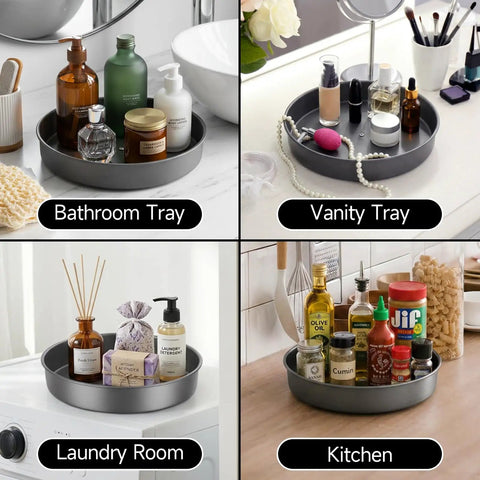 Heavy Duty Metal Lazy Susan Turntable Organizer With Slick Gunmetal Finish And Hella Sturdy Spinning Rack For Kitchen Counter And Pantry Storage Plus Compact 9 8 Inch Rotating Tray Set Includes Two Pieces displayed in bathroom, vanity, laundry, and kitchen.